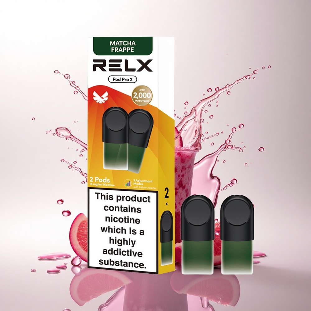 Relx Pod Pro 2 Vape Device Çay-Matcha Frappe Çay 18mg/ml nikotin, 1.9ml kapasite, 3 voltaj ayarı